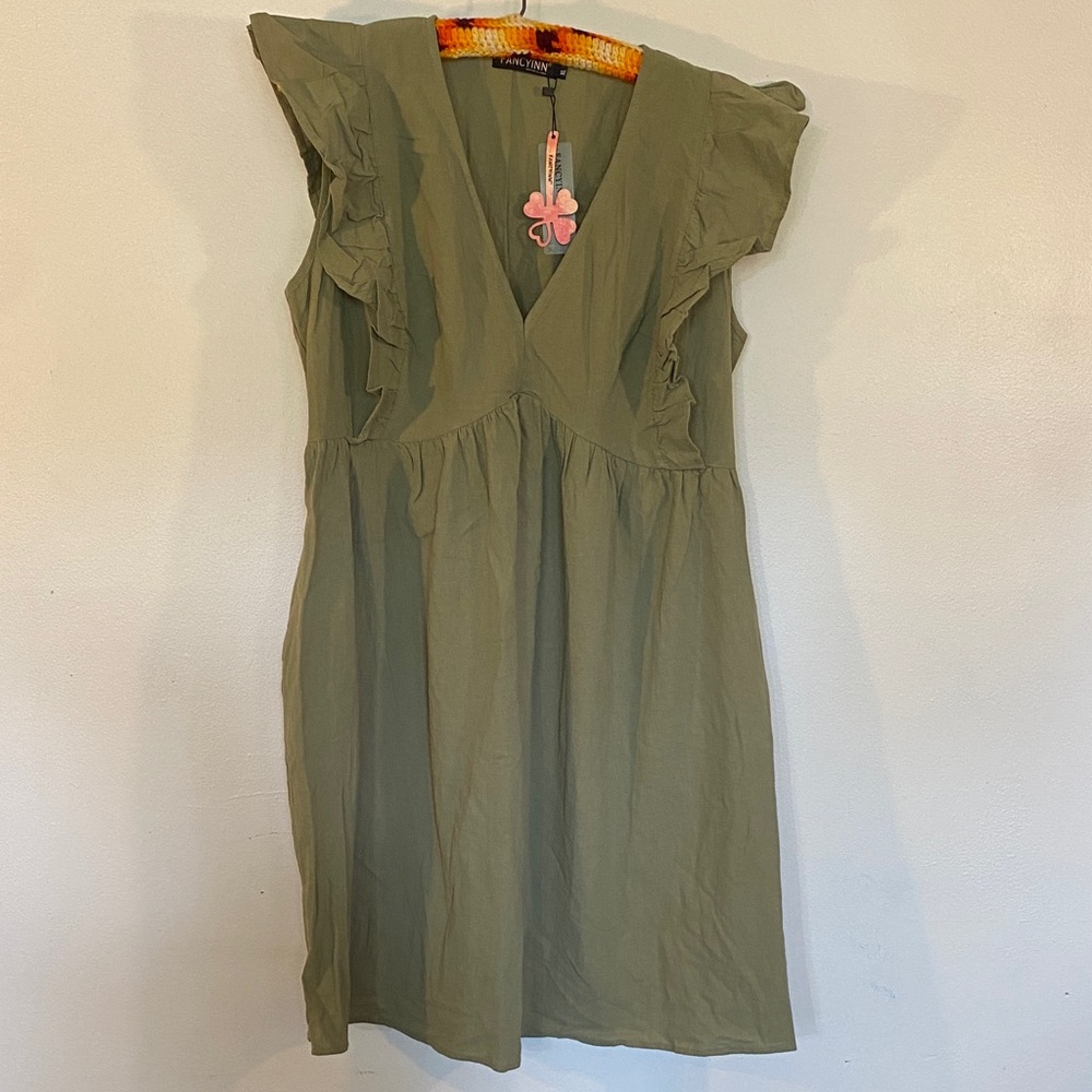 Fancyinn Olive Green V-Neck Ruffle Midi Dress